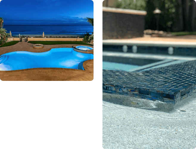 Two Curtis Pools projects: a beachfront pool at dusk and a close-up of glass spa tile