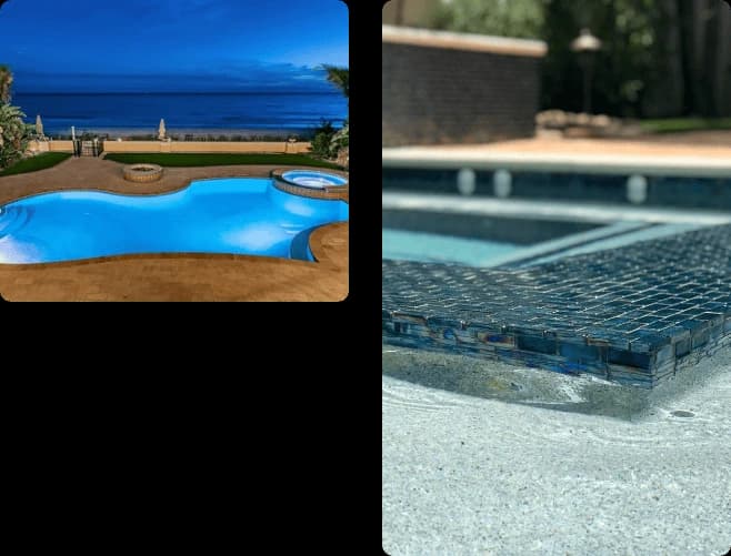 Two Curtis Pools projects: a beachfront pool at dusk and a close-up of glass spa tile
