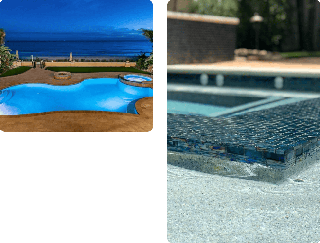 Two Curtis Pools projects: a waterfront pool at dusk and a close-up of glass spa waterline tile