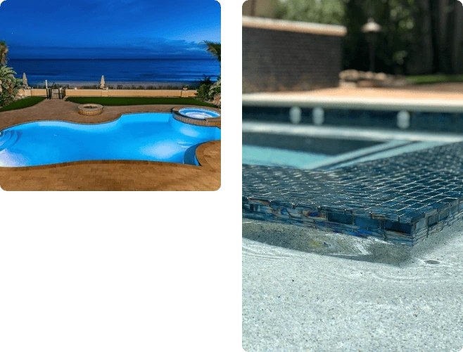 Two Curtis Pools projects: a waterfront pool at dusk and a close-up of glass spa waterline tile