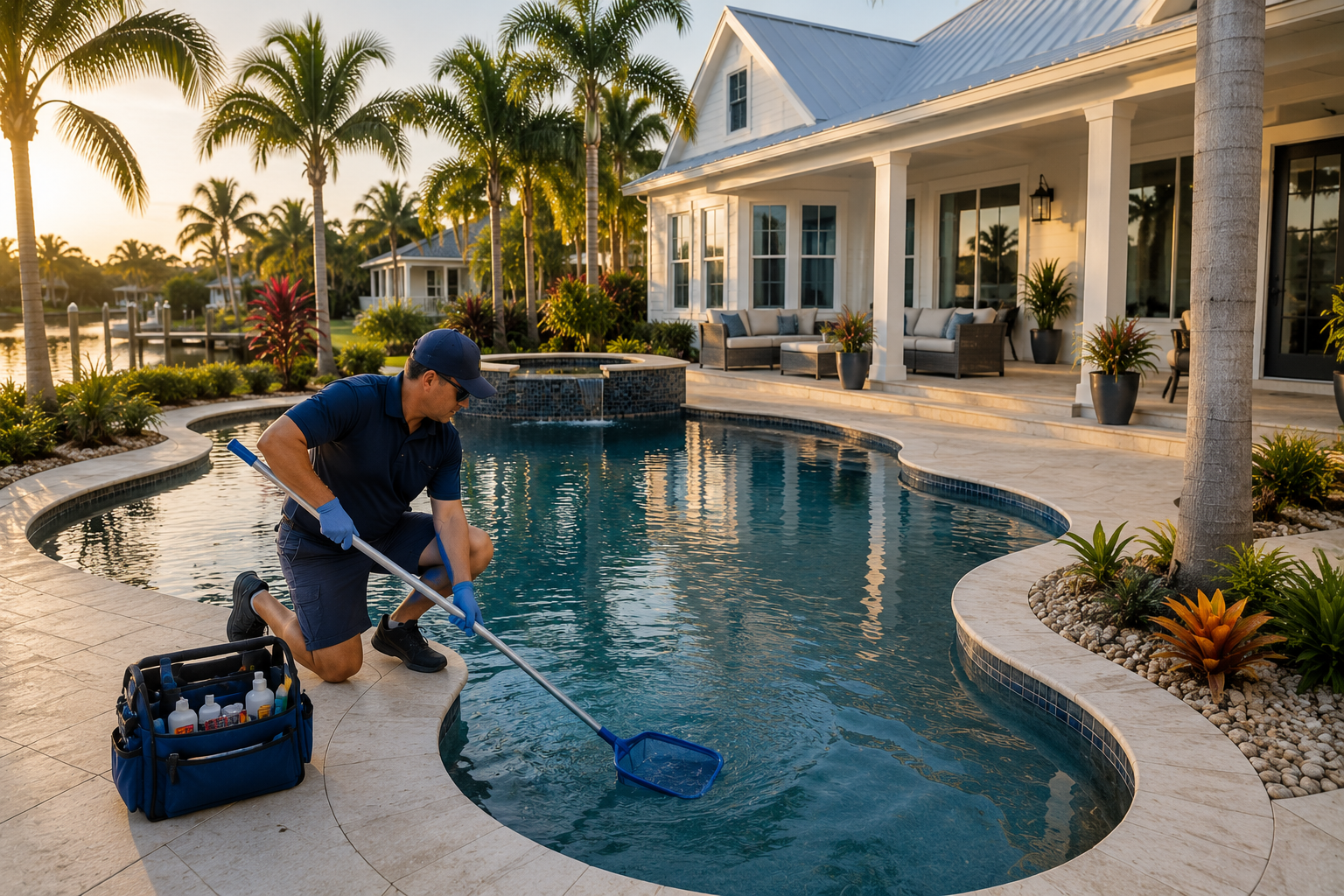 Technician testing water chemistry at the edge of a residential pool