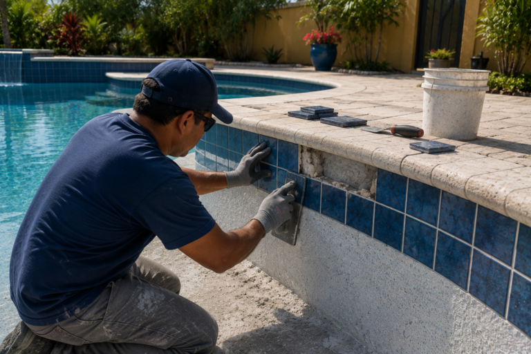 Technician setting waterline tile on a pool wall during a remodel