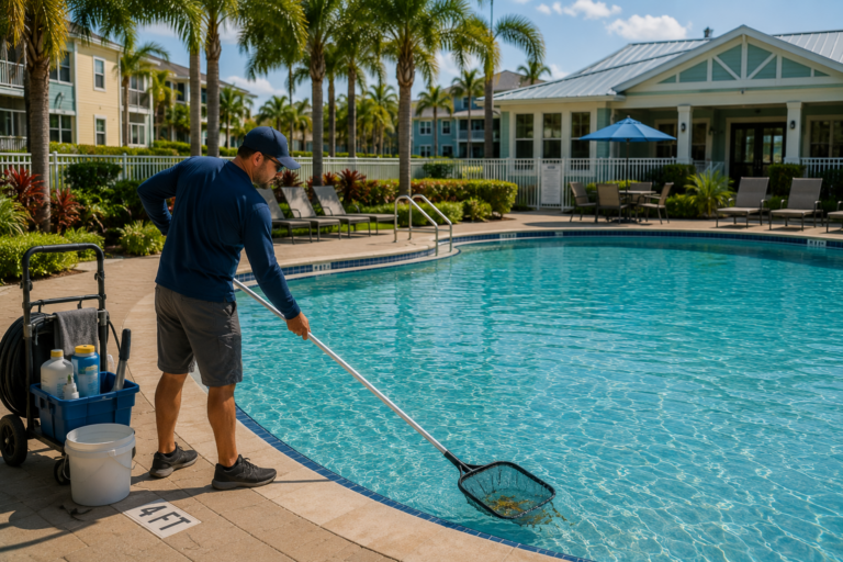 Technician skimming a community pool at an apartment property