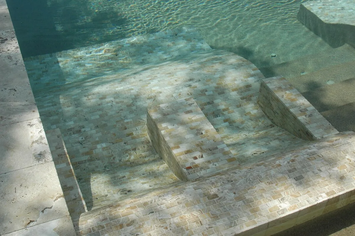 Underwater view of a pool's entry steps and tanning ledge
