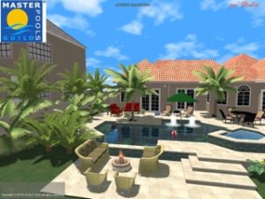 3D rendering of a swimming pool and patio deck