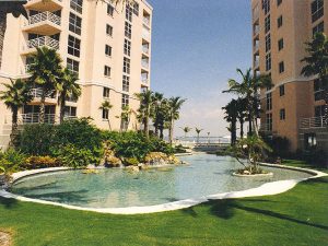 Huge swimming pool between two large hotel buildings in Clearwater
